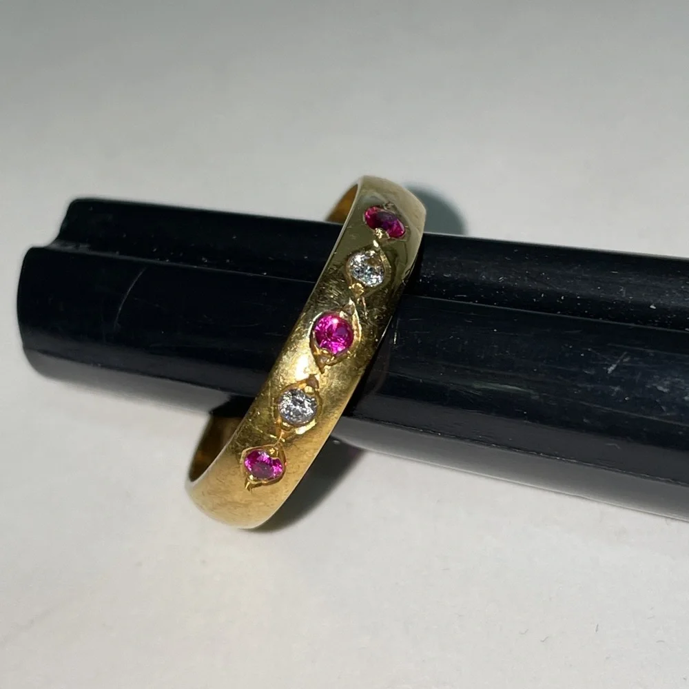 Antique ERNST Solid 14K Yellow Gold Synthetic Ruby Faux Diamond Unisex Band Ring